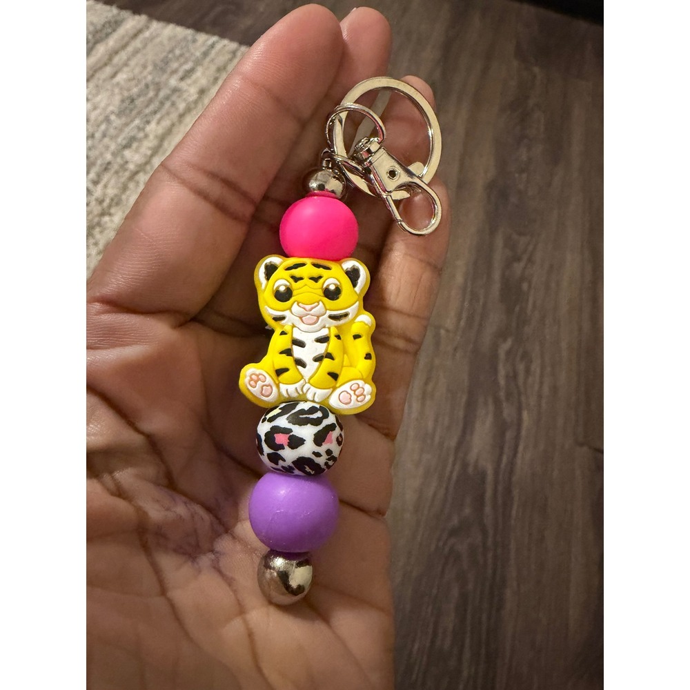 Yellow Tiger Beaded Keychain Silicone Leopard Print Charm Pink Purple Silver